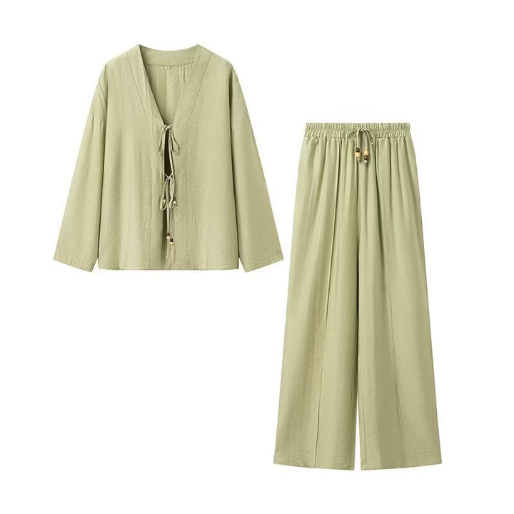 Women Two-Piece Lightweight Lounge Set with V-Neck, Drawstring Pants and Wide Leg Mune Fashion