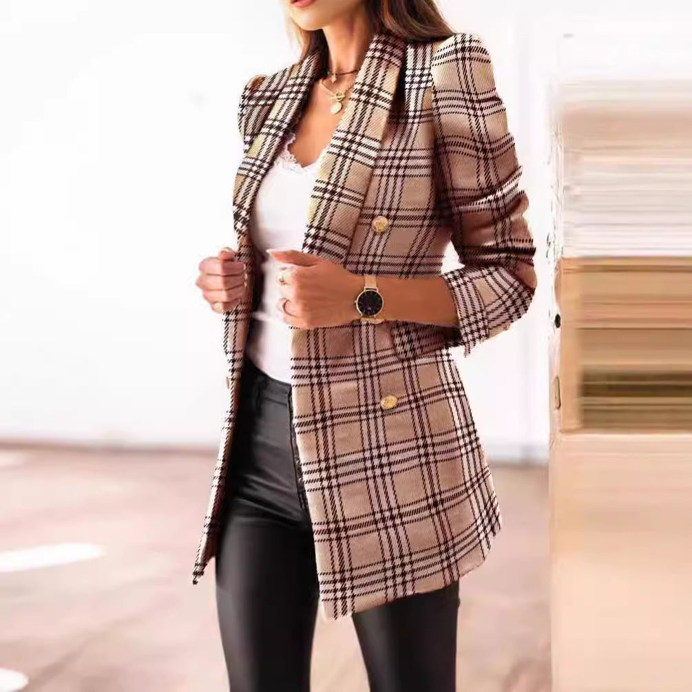 Women tailored checkered long blazer with double-breasted and shoulder pads Mune Fashion