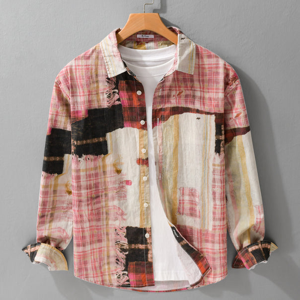 Men's Relaxed Patchwork-Check Shirt Jacket with Frayed Edges and Crinkle Finish Mune Fashion