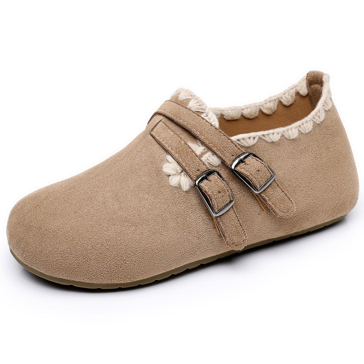 Ladies nan velour slip-on moccasin with decorative crochet trim and adjustable double buckles Mune Fashion
