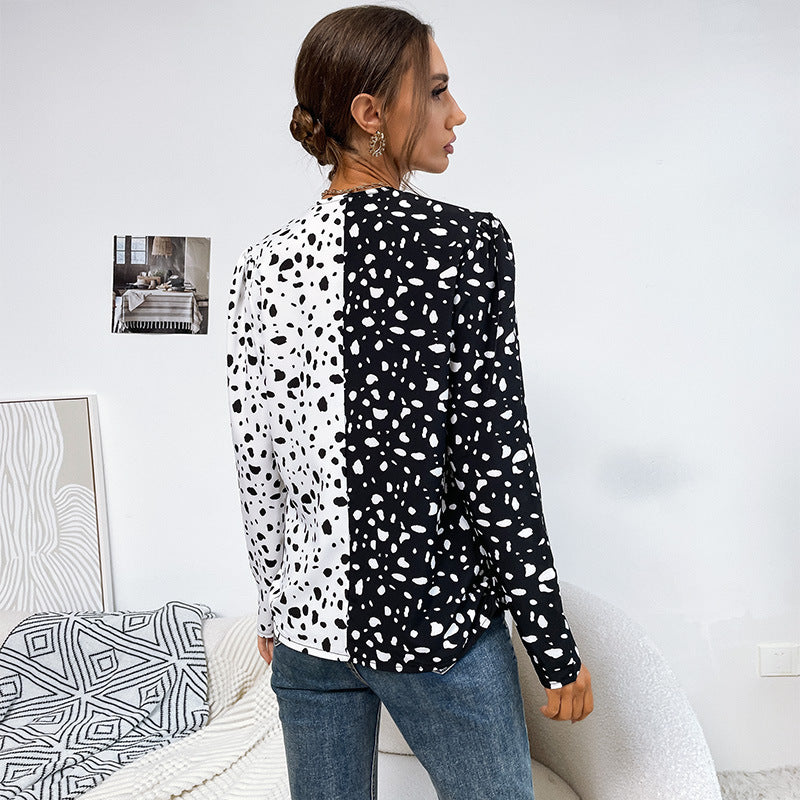 Ladies Light Long Sleeve Blouse with Diagonal Two-Color Look and Polka Dot Pattern Mune Fashion
