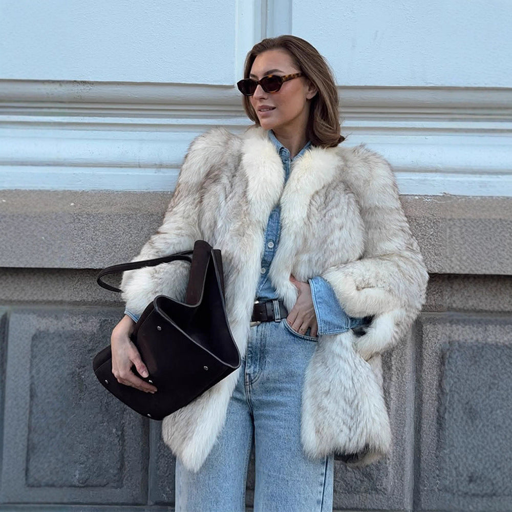 Women's Boxy Faux Fur Jacket with Textured Shag Look and Voluminous Shawl Collar Mune Fashion