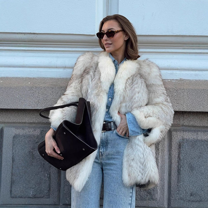 Women's Boxy Faux Fur Jacket with Textured Shag Look and Voluminous Shawl Collar Mune Fashion