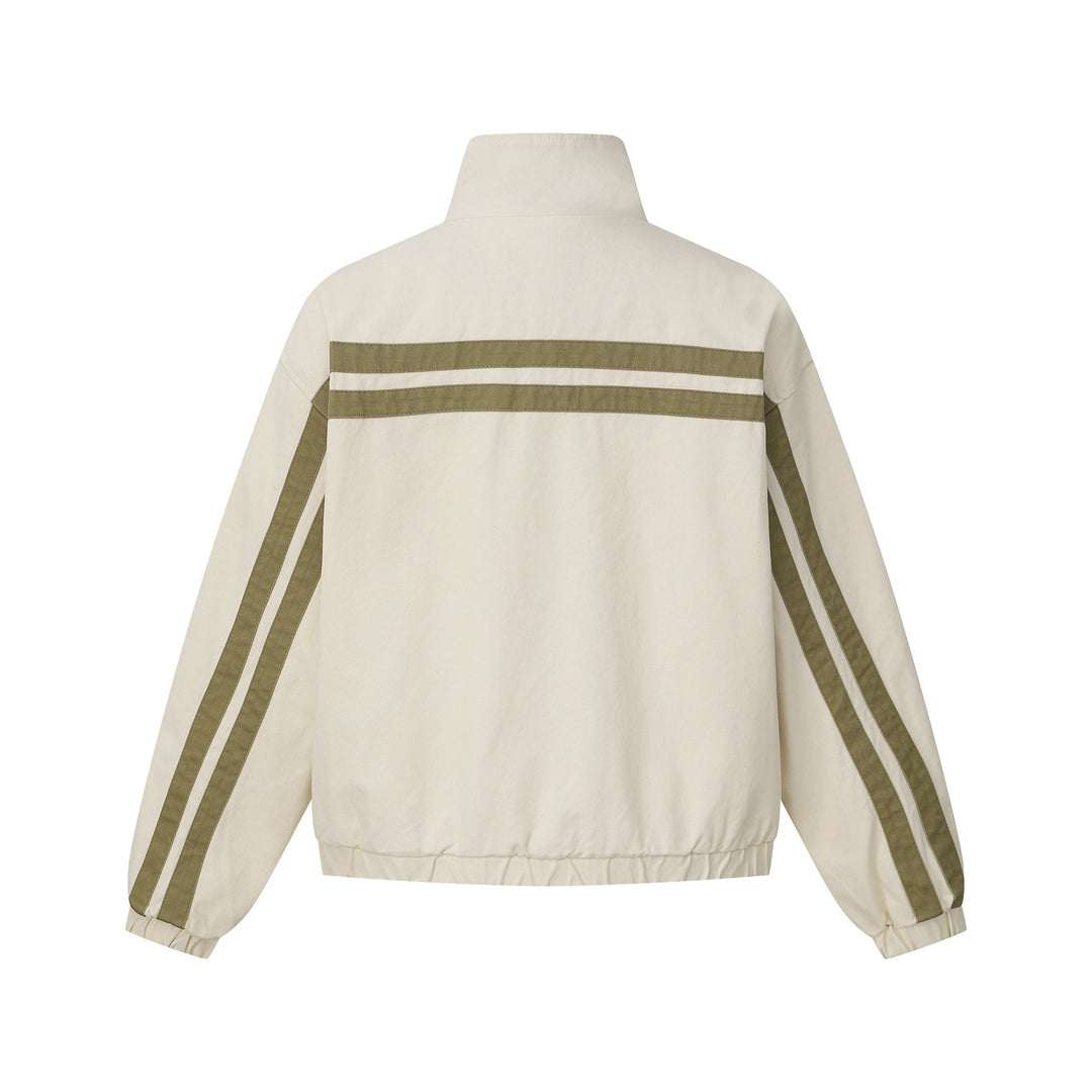 Unisex Short Cut Boxy Blouson Jacket with Stand-Up Collar and Horizontal Chest Piping Mune Fashion