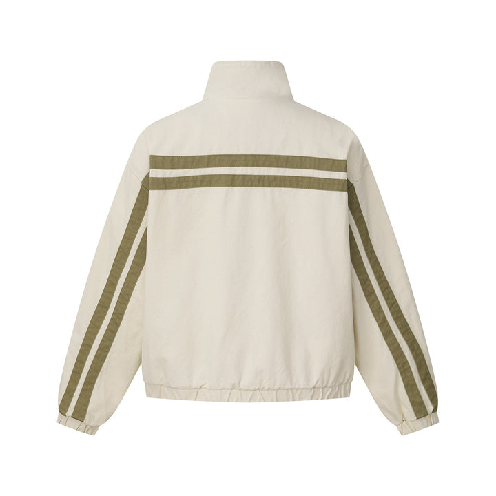 Unisex Short Cut Boxy Blouson Jacket with Stand-Up Collar and Horizontal Chest Piping Mune Fashion