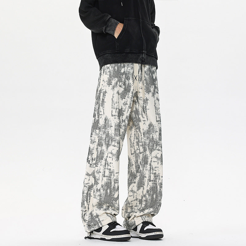 Men's Wide Cut Lounge Pants with Abstract Allover Print, Elastic Waistband and Drawstring Mune Fashion