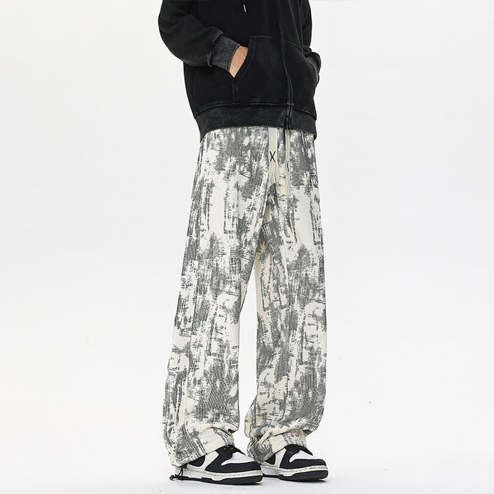 Men's Wide Cut Lounge Pants with Abstract Allover Print, Elastic Waistband and Drawstring Mune Fashion