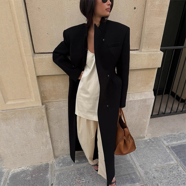 Women's Sculptural Midi Coat with Distinctive Shoulder Design and Concealed Button Placket Mune Fashion
