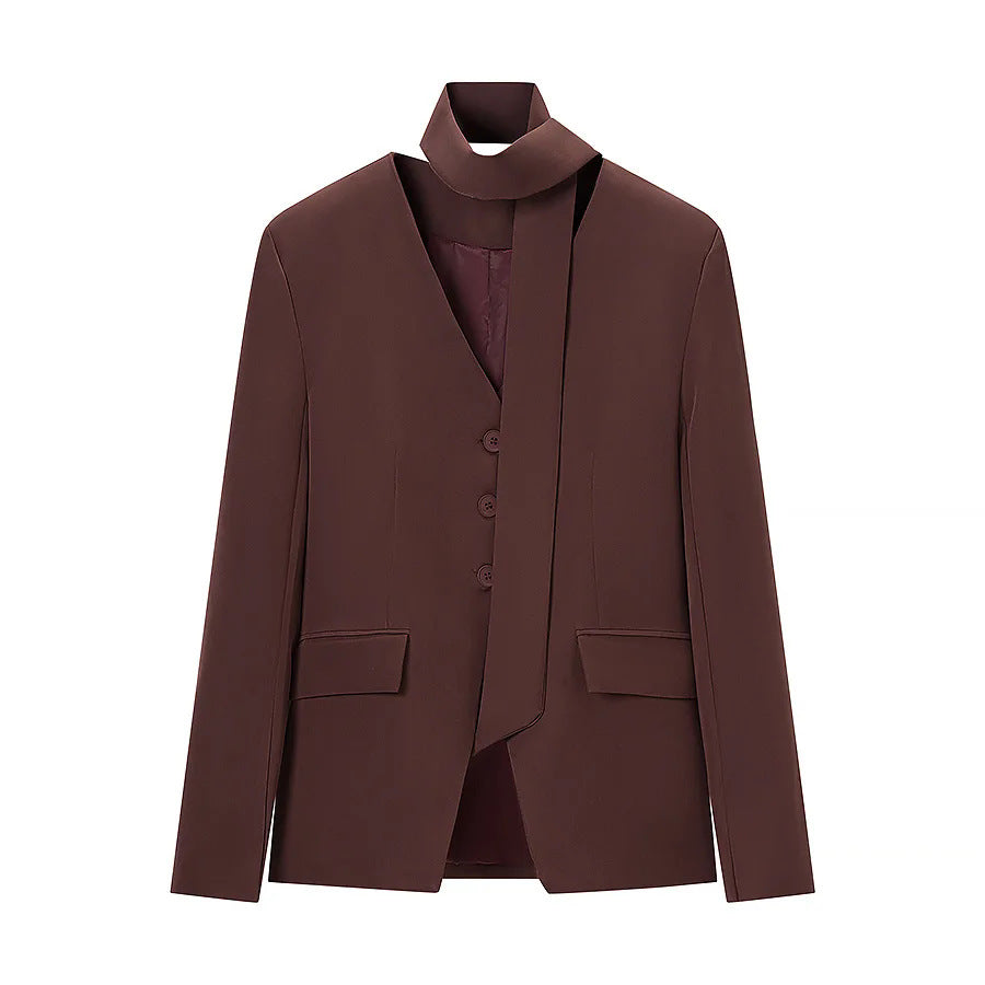 Women's tailored blazer with shawl collar bow and V-neck Mune Fashion