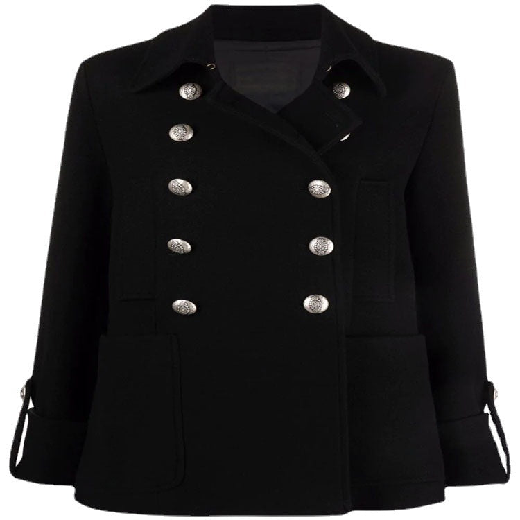 Women's Short Boxy Wool Blend Coat in Military Look with Decorative Round Buttons Mune Fashion