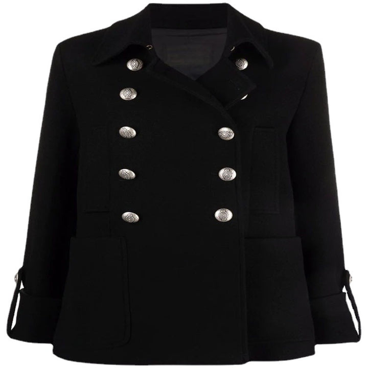 Women's Short Boxy Wool Blend Coat in Military Look with Decorative Round Buttons Mune Fashion