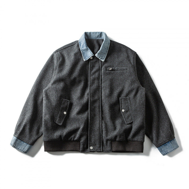 Men's short-cut wool blend bomber jacket with denim collar, concealed zipper, and flap pockets Mune Fashion