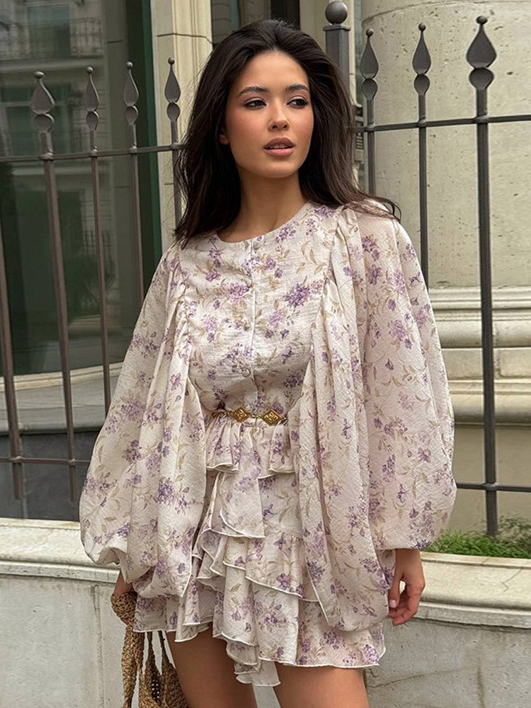 Ladies Chiffon Mini Dress with Ruffled Layers, Balloon Sleeves and Decorative Belt Mune Fashion