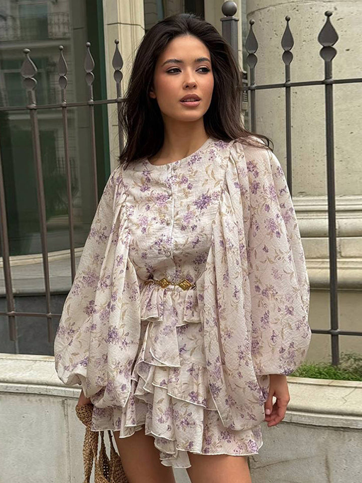 Ladies Chiffon Mini Dress with Ruffled Layers, Balloon Sleeves and Decorative Belt Mune Fashion