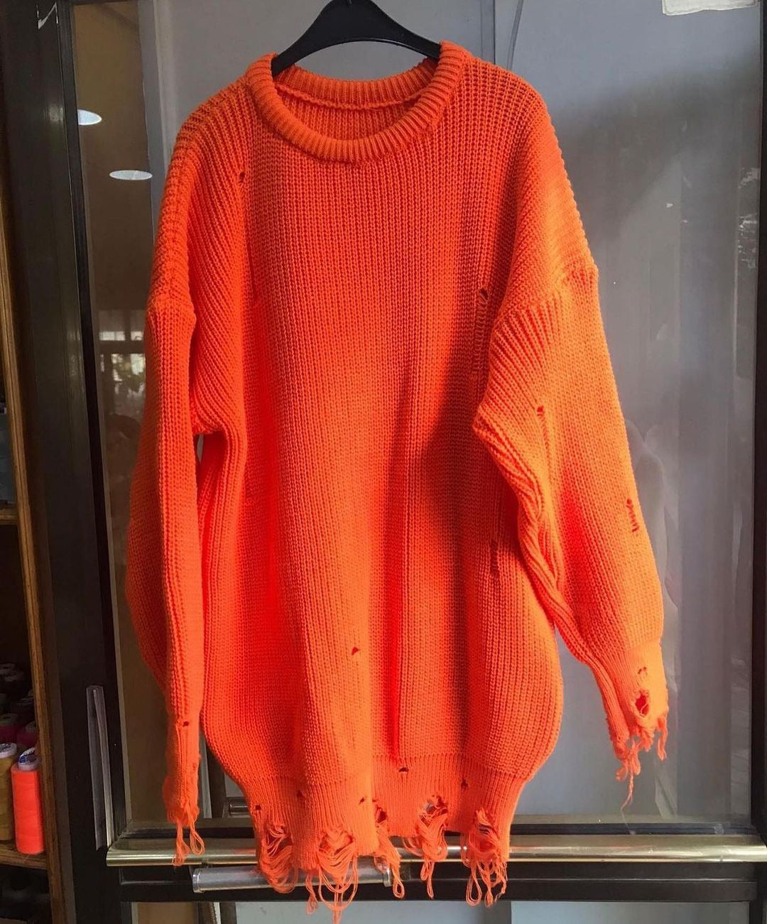 Women Oversized Knitted Dress with Destroyed Hem and Balloon Sleeves Mune Fashion