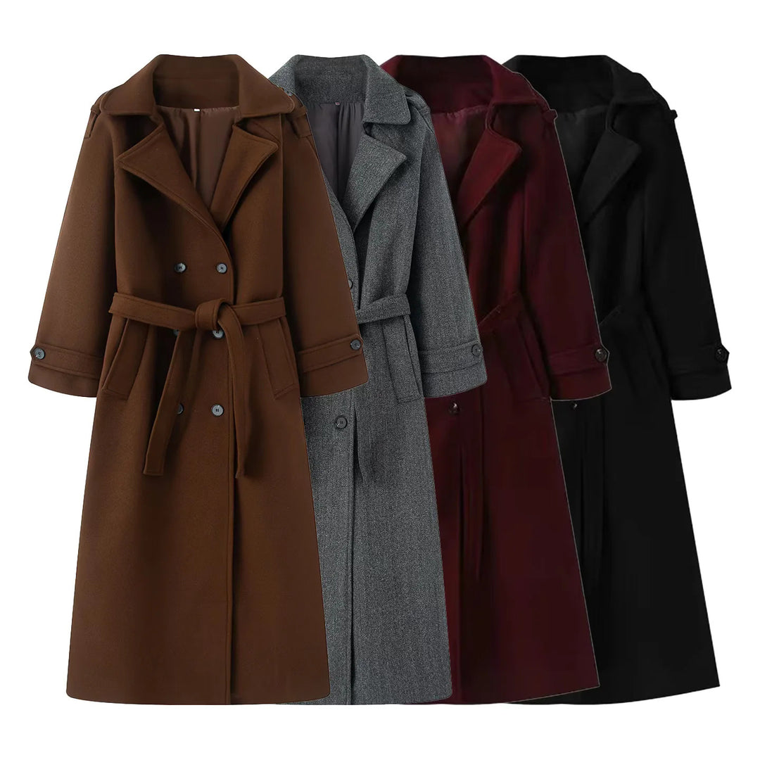 Women's longer wool blend trench coat with shawl collar, waist belt, and double-breasted button placket Mune Fashion