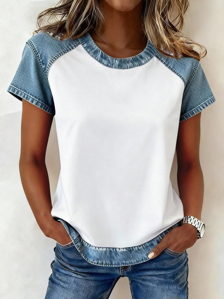 Women's Short Sleeve Shirt with Jeans Inserts and Teddy Patch Print Mune Fashion