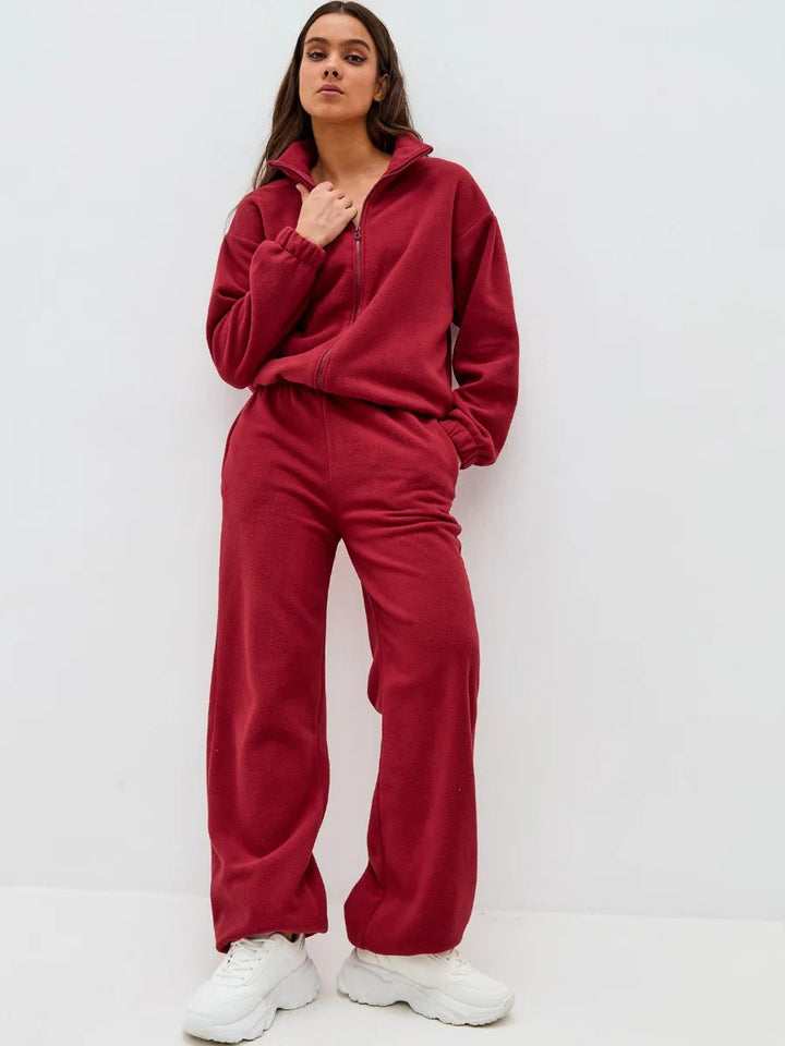 Women Comfortable Fleece Loungewear Set with Short Zip Top and Wide High Waist Pants Mune Fashion