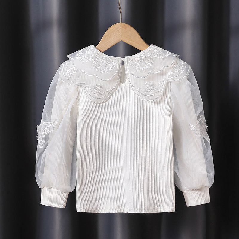 Girls fashionable blouse with elegant tulle sleeves and artistic lace decoration Mune Fashion