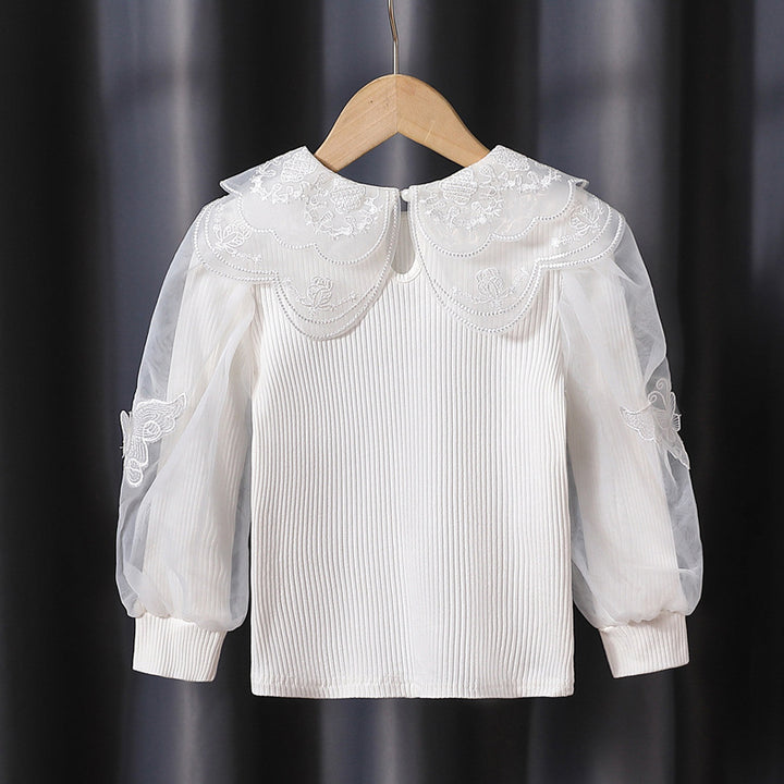 Girls fashionable blouse with elegant tulle sleeves and artistic lace decoration Mune Fashion