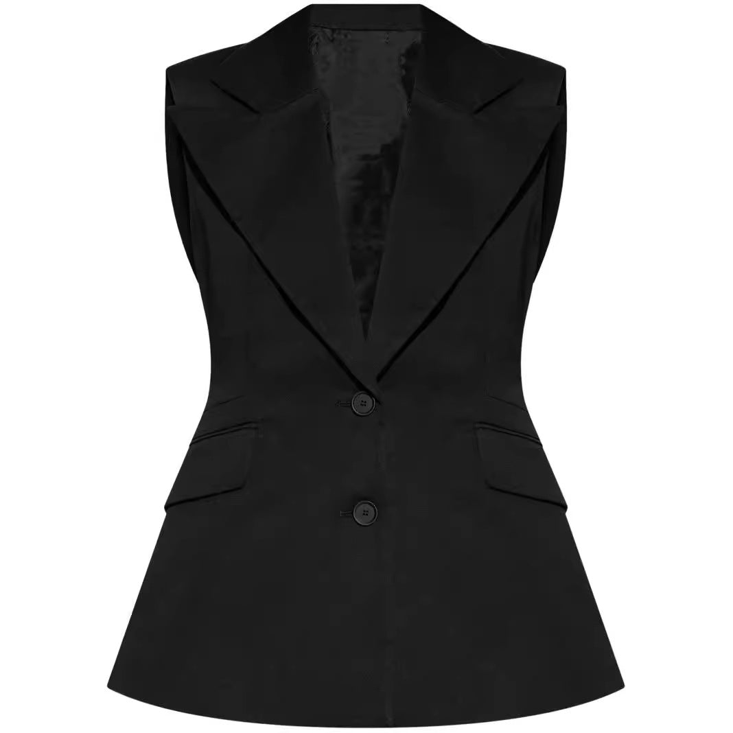 Women's Sleeveless Blazer with Distinctive Shawl Collar and Tailored Silhouette Mune Fashion