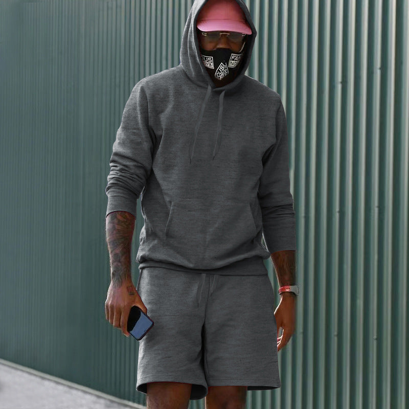 Men's two-piece leisure set hoodie and sweat shorts made of French Terry with kangaroo pocket and drawstring Mune Fashion