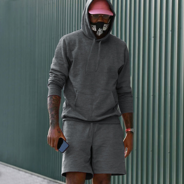 Men's two-piece leisure set hoodie and sweat shorts made of French Terry with kangaroo pocket and drawstring Mune Fashion