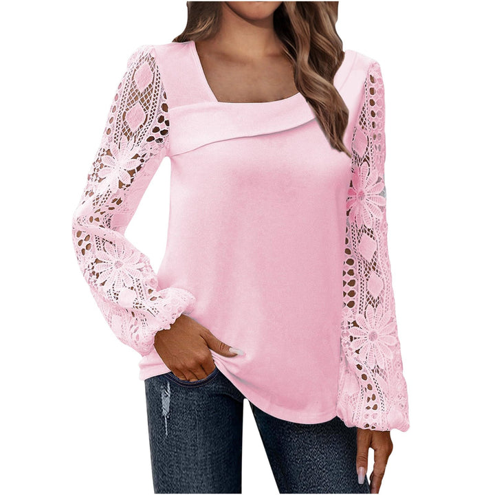 Ladies blouse with square neckline and crocheted lace sleeves Mune Fashion