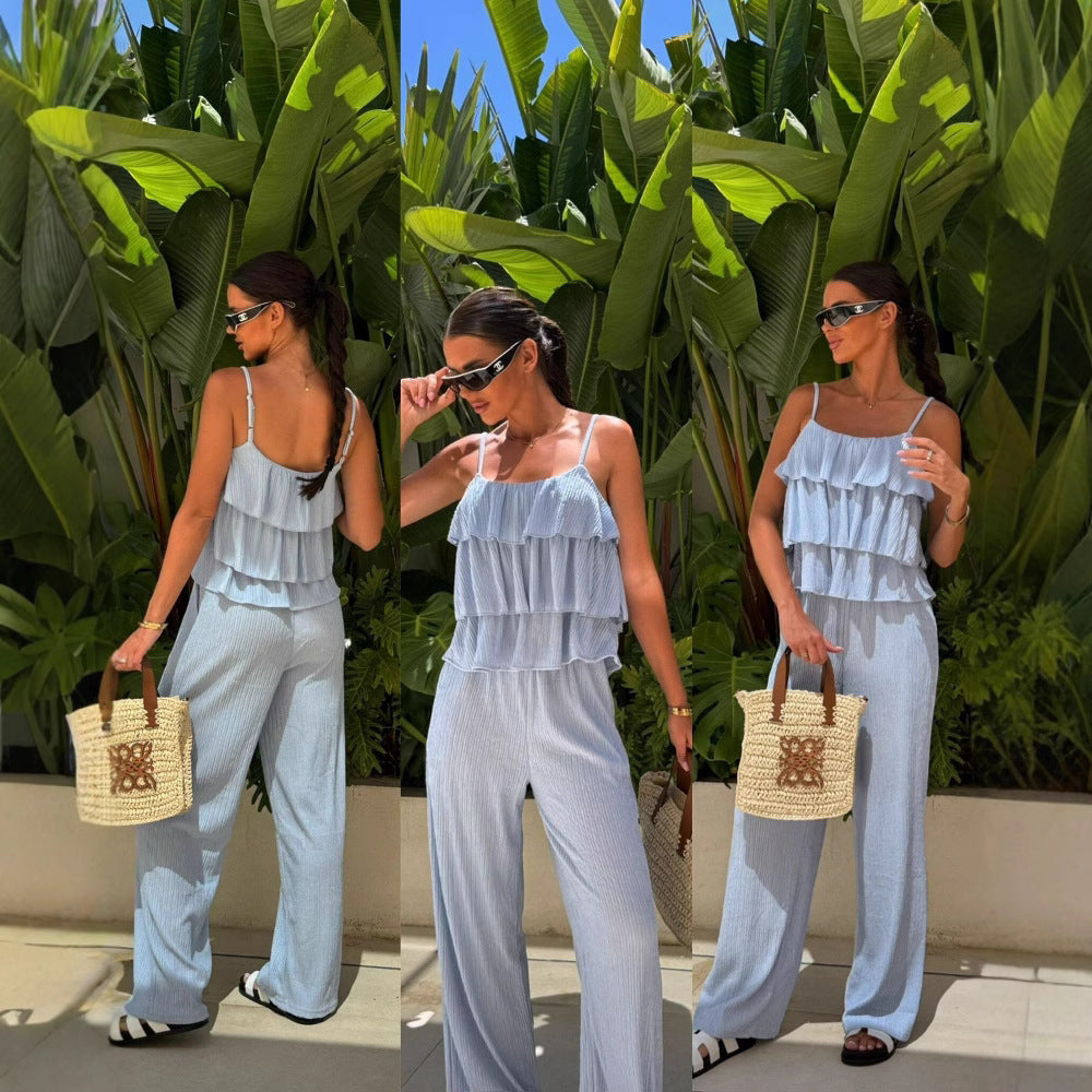 Women Pleated Ruffle Cropped Top with Spaghetti Straps and Wide High-Waist Pants Set Mune Fashion