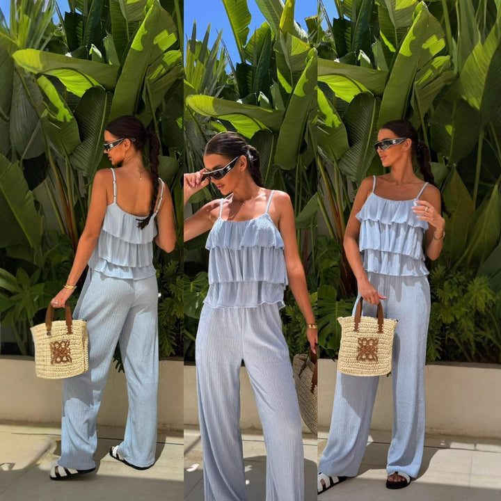 Women Pleated Ruffle Cropped Top with Spaghetti Straps and Wide High-Waist Pants Set Mune Fashion