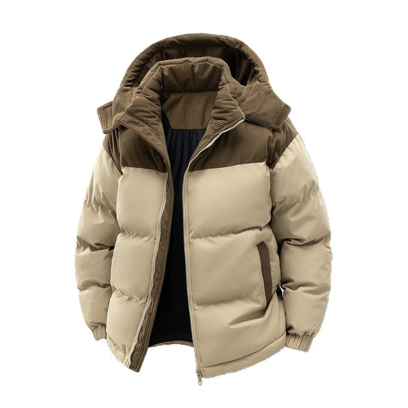 Men's padded quilted jacket with high hood, corduroy shoulder panels, and two-way zipper Mune Fashion
