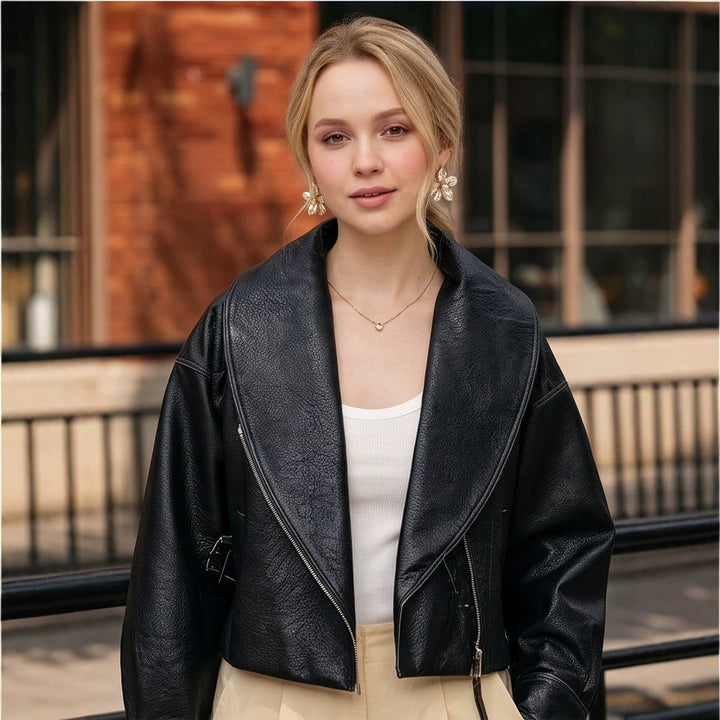Women's Cropped Biker Jacket made of Faux Leather with Wide Shawl Collar and Asymmetrical Zipper Mune Fashion