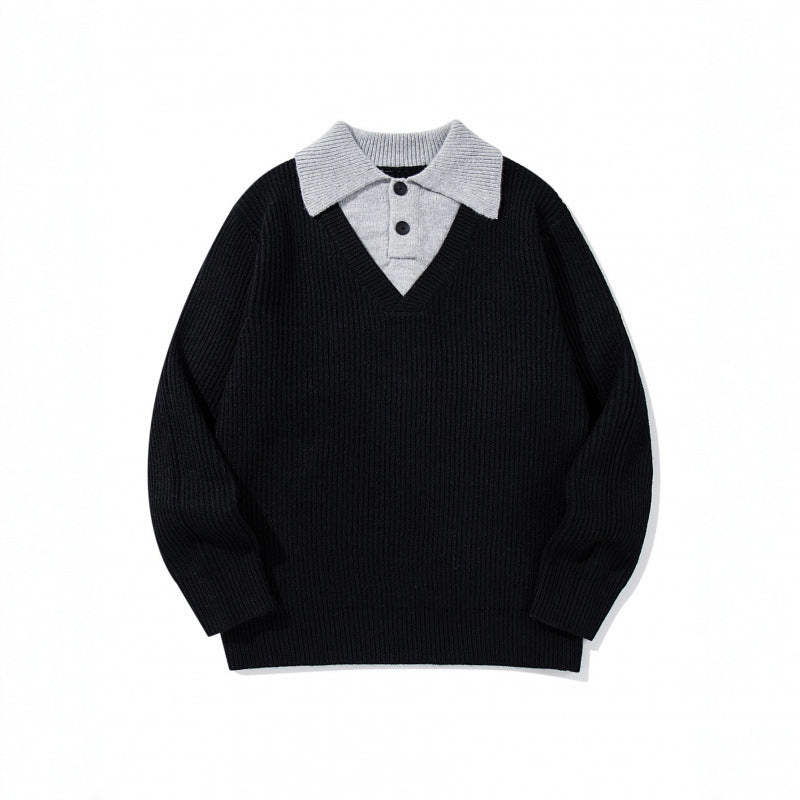 Unisex chunky knit boxy sweater with V-neck and contrasting polo button collar Mune Fashion