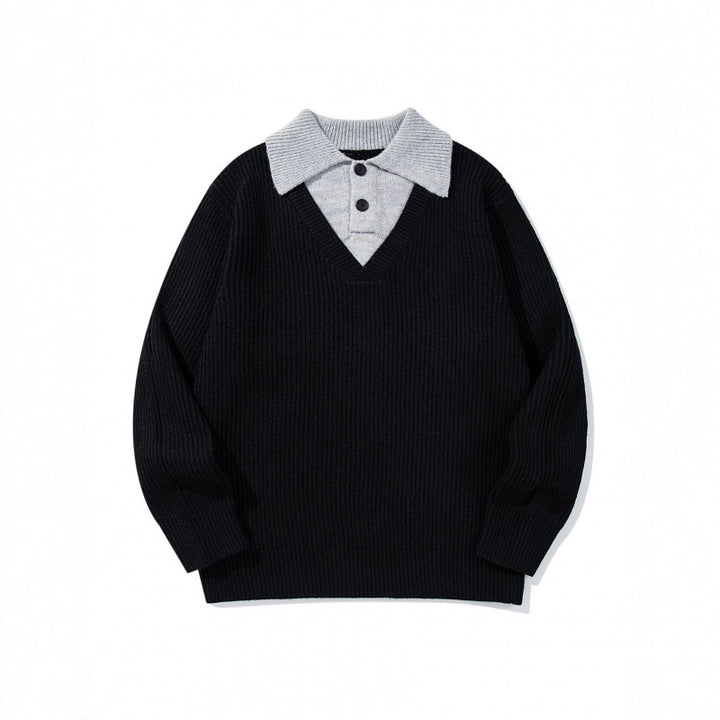 Unisex chunky knit boxy sweater with V-neck and contrasting polo button collar Mune Fashion