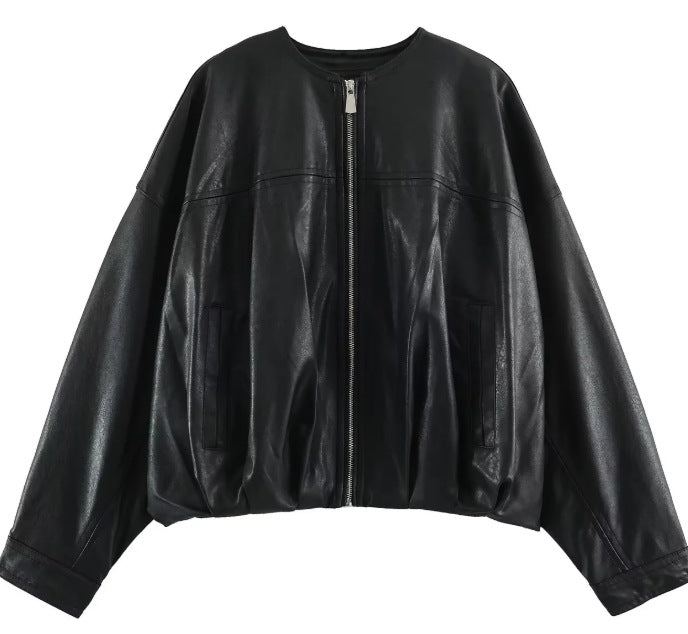 Ladies Wide Cut Cropped Bomber Jacket made of Faux Leather with Round Neckline Mune Fashion