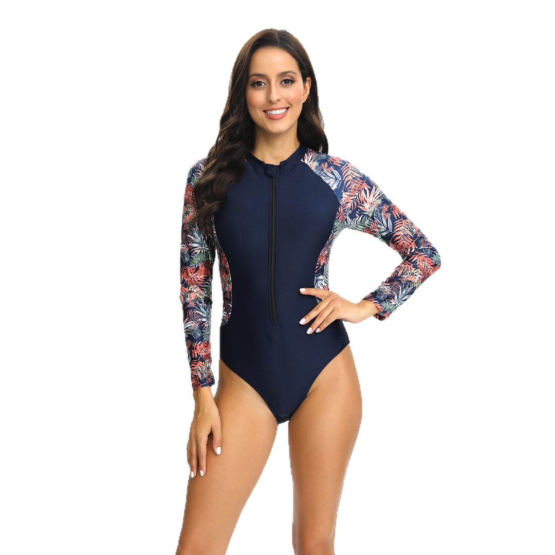 Women’s Long Sleeve Swimsuit with Floral Design and High Collar Mune Fashion
