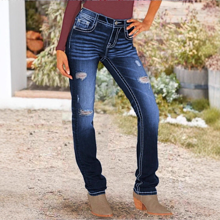 Women Sculpting Straight Denim with contrasting seam details and destroyed details Mune Fashion