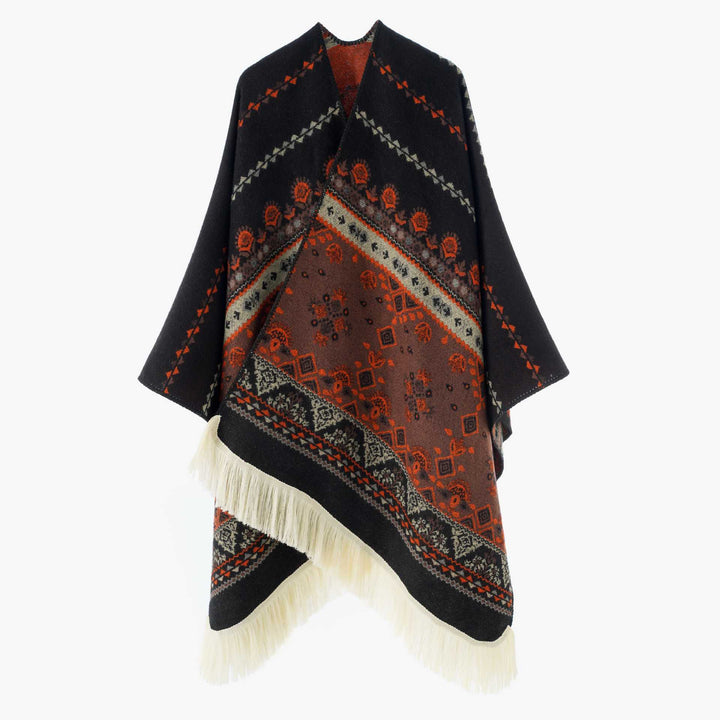Ladies Jacquard Ruana with fringes and folk pattern Mune Fashion