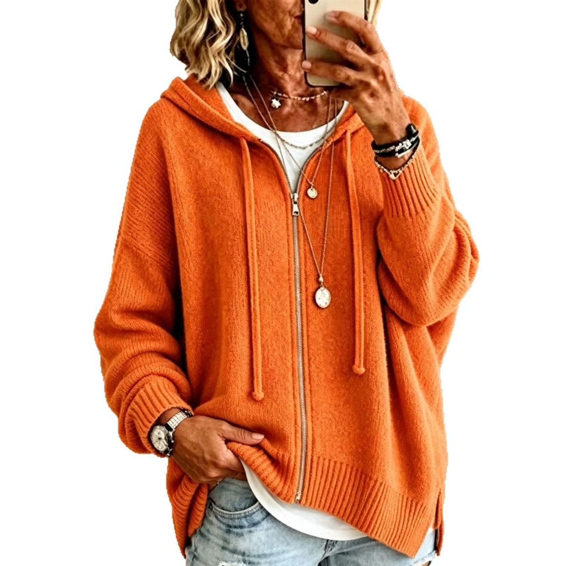 Women's Oversize Hooded Zip Cardigan made of soft fine knit Mune Fashion
