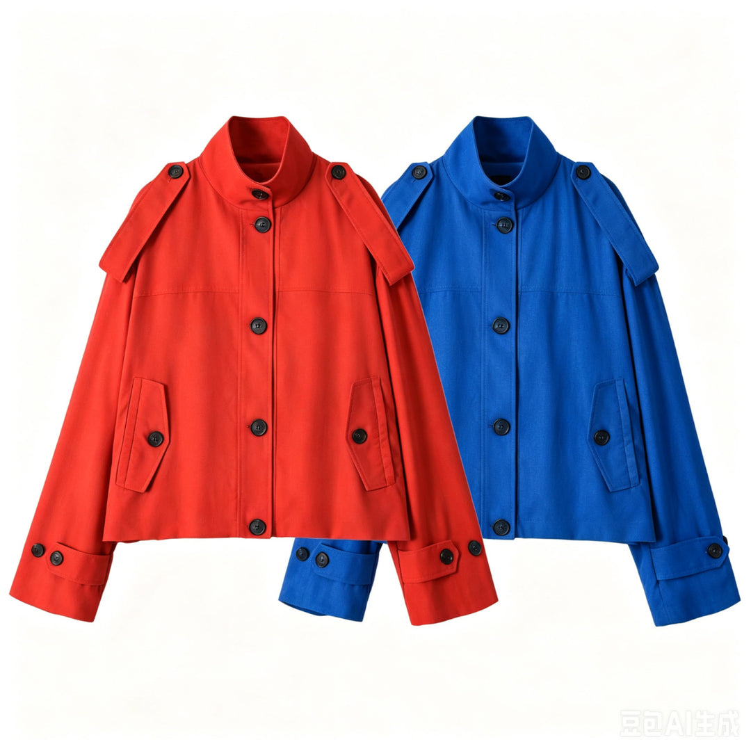 Women's Short Trench Coat with Stand Collar and Epaulettes Mune Fashion
