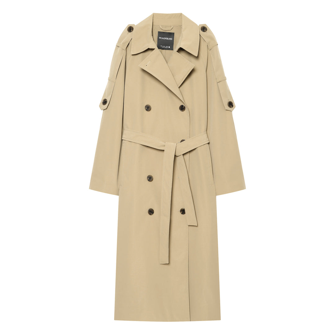 Ladies Long Classic Double-Breasted Trench Coat with Belt and Sleeve Tabs Mune Fashion