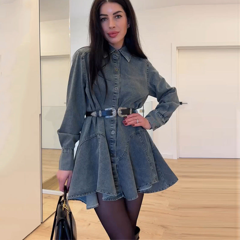 Women’s Denim Button Dress with Fitted Cut and Belt Mune