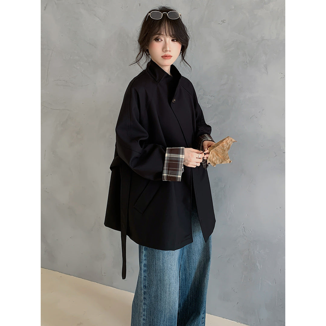 Women's Oversized Trench Coat with Waist Belt and Checked Sleeve Cuff Mune Fashion