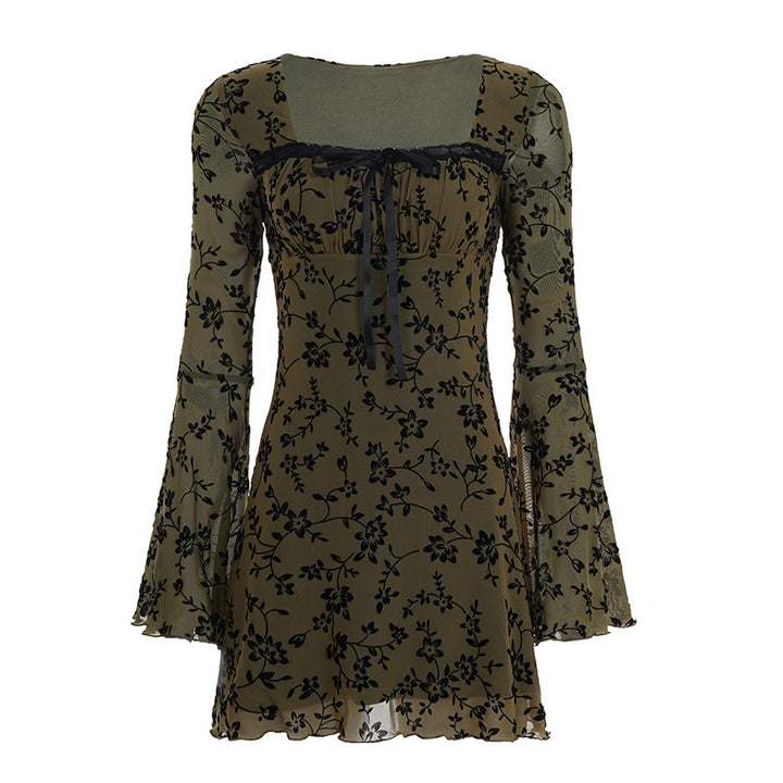 Women's chiffon mini dress with velvet flock floral pattern, empire waist and bell sleeves Mune Fashion