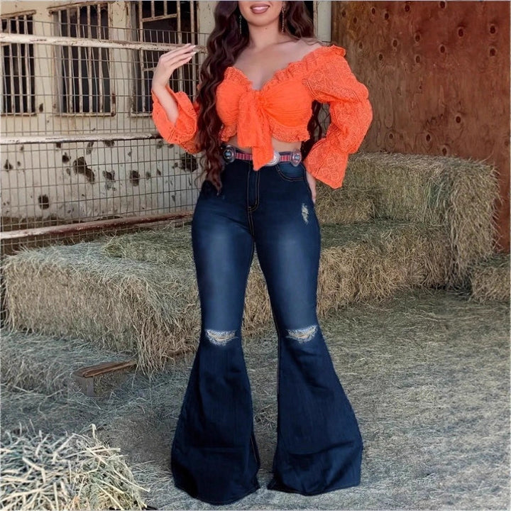 Women's High-Waisted Flared Jeans with Flared Leg, Knee Rips, and Figure-Enhancing Stretch Waistband Mune Fashion