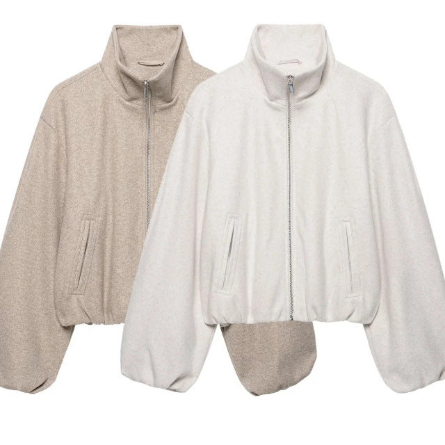 Women's Cropped Fleece Bomber Jacket with Stand-up Collar, Balloon Sleeves and Elastic Hem Mune Fashion
