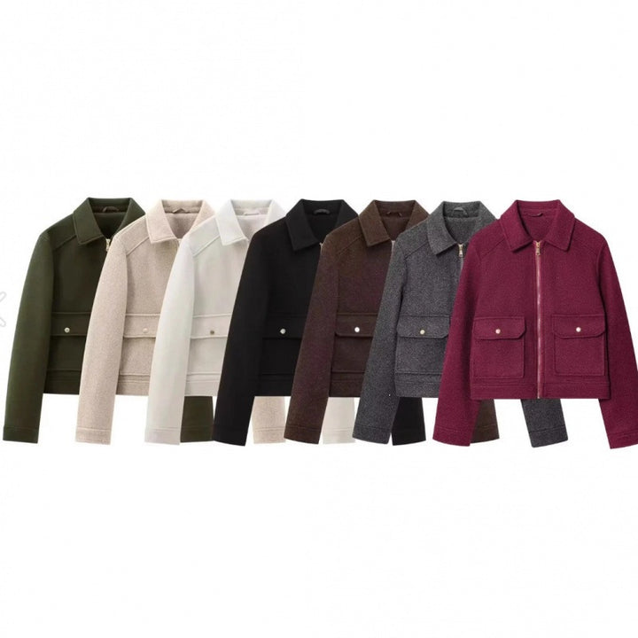 Women's short jacket in velour look with flap patch pockets and full-length zipper Mune Fashion