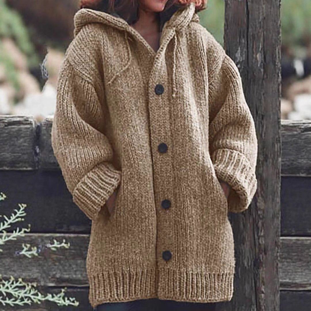 Women Long Slouchy Chunky Knit Coat Cardigan with Hood, Dropped Shoulder and Large Buttons Mune Fashion