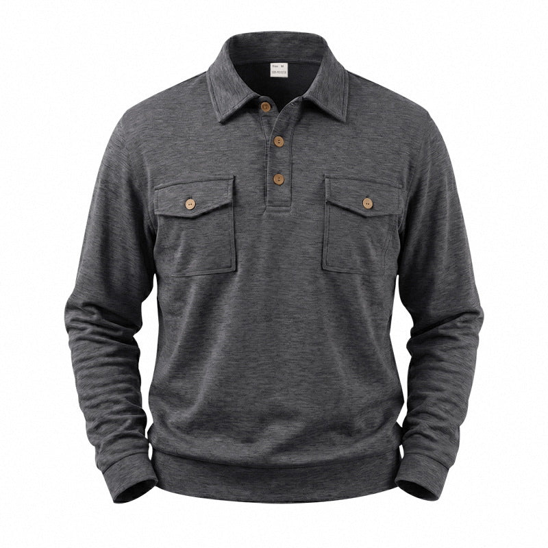 Men's Long Sleeve Polo Shirt with Button Placket and Patch Pockets Mune Fashion