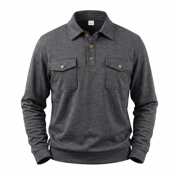 Men's Long Sleeve Polo Shirt with Button Placket and Patch Pockets Mune Fashion